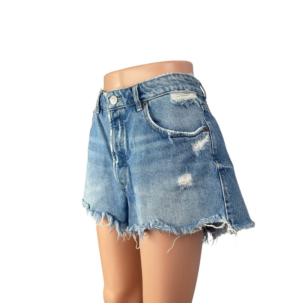 Zara Women's Blue High Waisted Distressed Wide Leg Cutoff Denim Jeans Shorts 10 - Picture 3 of 5
